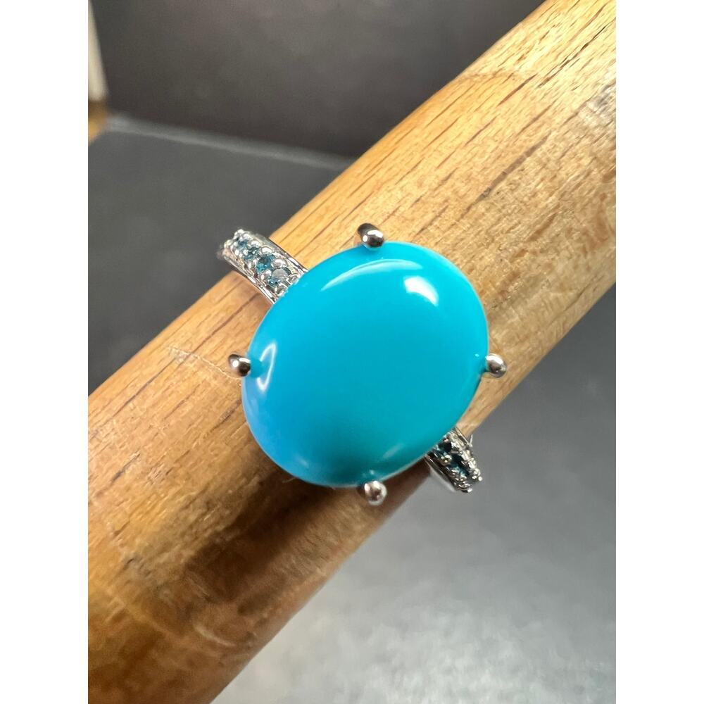 Sterling Silver Turquoise Ring with Blue Diamond Accents Size 6